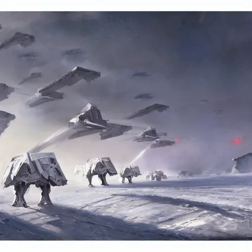 Prompt: a beautiful dramatic painting of arrival of at - ats on hoth by famous artist nasreddine dinet and eugene de blaas and greg rutkowski and artgerm and wlop and george lucs, path tracing, artstation