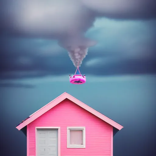 Image similar to a 5 0 mm lens photograph of a cute pink floating modern house, floating in the air between clouds, inspired by the movie up. mist, playful composition canon, nikon, award winning, photo of the year