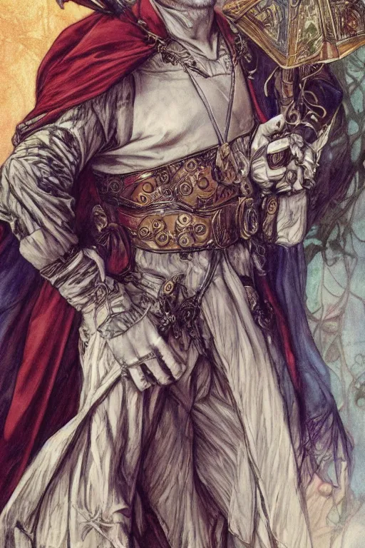 Image similar to Leonardo DiCaprio as a jester, detailed full body portrait by james gurney and artgerm and Mucha, amazing detail, intricate, stunning inking lines, 4K, character design, concept art