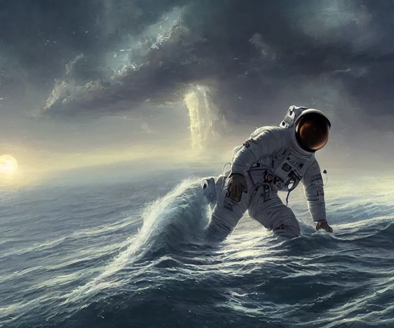 Image similar to an astronaut lost in the ocean,digital art,detailed,ultra realistic,art by greg rutkowski