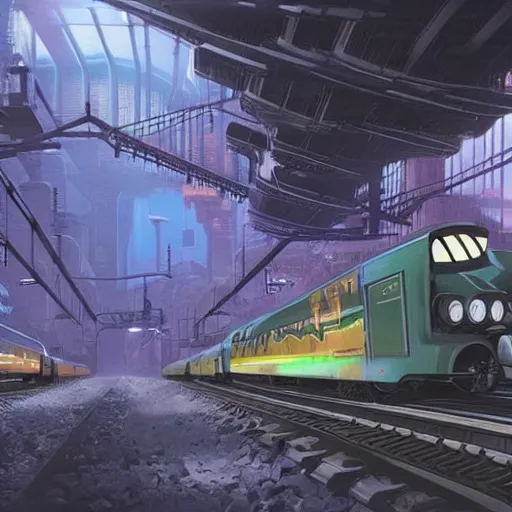 Image similar to Immense industrial futuristic train arrives at cyber punk city station, cinematic lighting, concept art