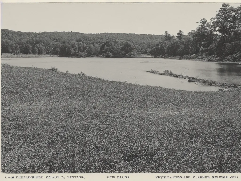 Prompt: photograph of a field by a dam and a river, new england