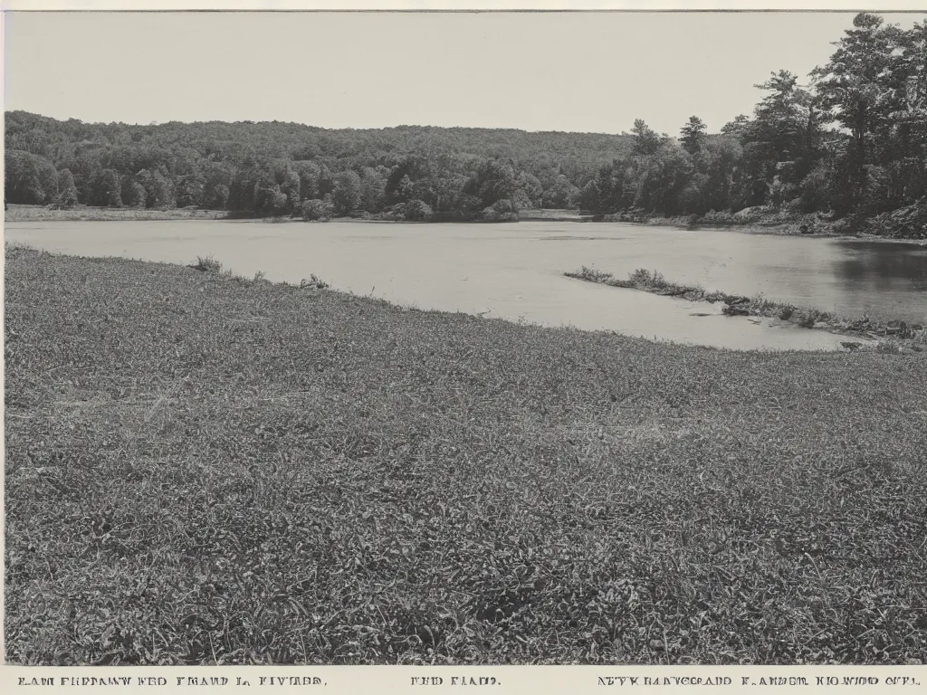 Image similar to photograph of a field by a dam and a river, new england