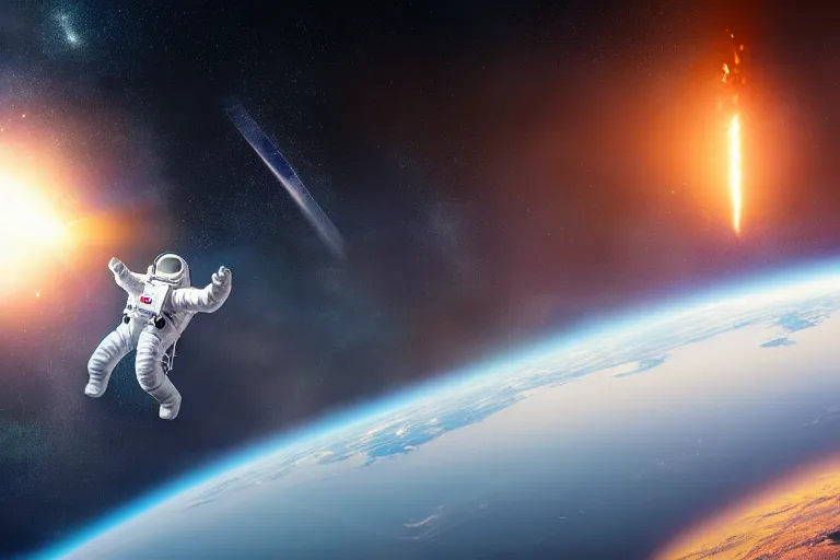 Image similar to astronaut in space wearing a spacesuit floating, meteor hitting earth in background, highly detailed, photorealistic portrait, bright studio setting, studio lighting, crisp quality and light reflections, unreal engine 5 quality render