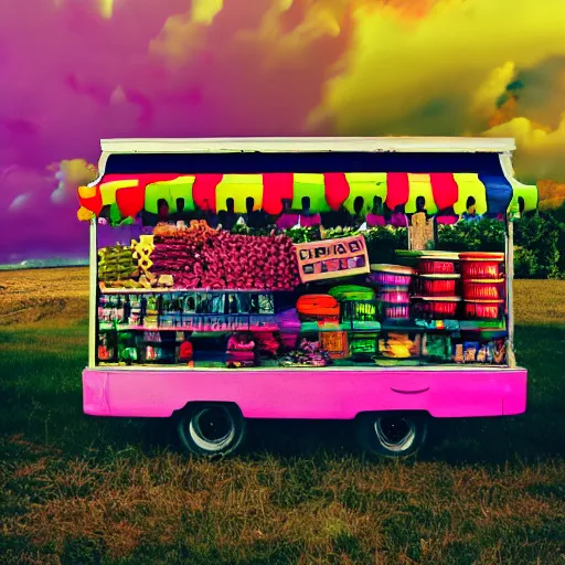 Prompt: colorful ( pop rock candy ), fruit stand on the side of a serene country dirt road, dramatic color, hdr, partly cloudy, 8 k, 4 k, trending on artstation cgsociety, octane ue 5