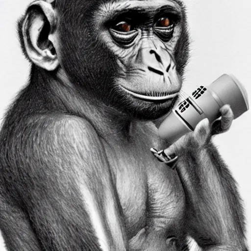 Image similar to Joe Rogan as a half monkey talking into a microphone, single subject, portrait, intricate, highly detailed, concept art, smooth, sharp focus, pencil art