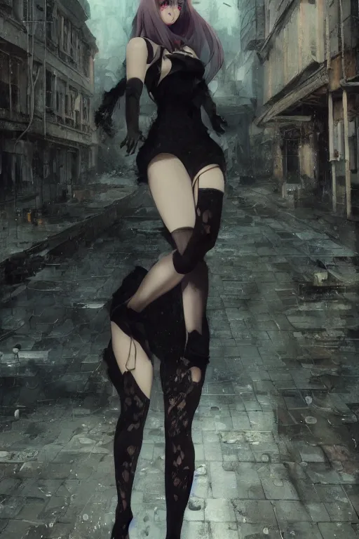 Image similar to woman with cat ears wearing a black lace dress and thigh highs walking in a depressing soviet city, expressive oil painting, digital anime art, highly detailed, character art, beautiful face, by yoshitaka amano, by greg rutkowski, by conrad roset, volumetrics, octane render, rainy street