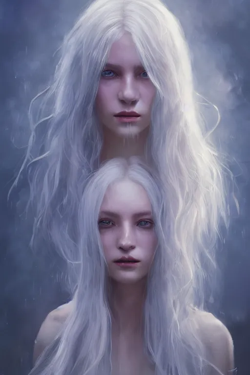 Image similar to a fancy portrait of a beautiful young woman with long white hair and blue eyes by greg rutkowski, sung choi, mitchell mohrhauser, maciej kuciara, johnson ting, maxim verehin, peter konig, bloodborne, 8 k photorealistic, cinematic lighting, hd, high details, dramatic, dark atmosphere, trending on artstation