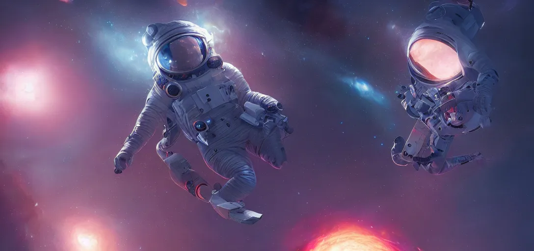 Image similar to 3 d render of an astronaut exploring a supernova, by mark kolobaev and greg rutkowski and ross tran, ultra high definition, ultra detailed, intricate, sharp focus, symmetry, sci - fi, fantasy, neon, galaxies, stars, space, octane, cinematic lighting