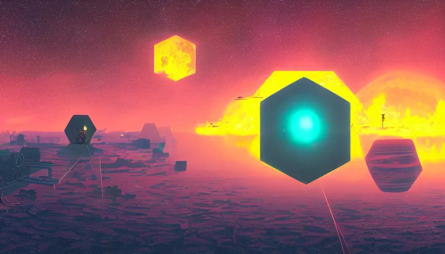 Prompt: hexagon floating in front of the sun in space, planet earth in foreground, simon stalenhag