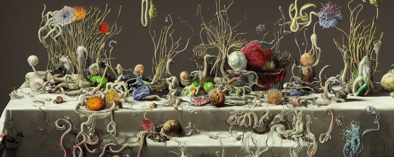 Image similar to ultradetailed reailistic still life with jelly flowers by ernst haeckel, caravaggio, roger dean and andrei tarkovsky, slime and tentacles, tiny people walking on tablecloth, wide angle, cinematic, octane render, bokeh, unreal engine, 4k 3d render