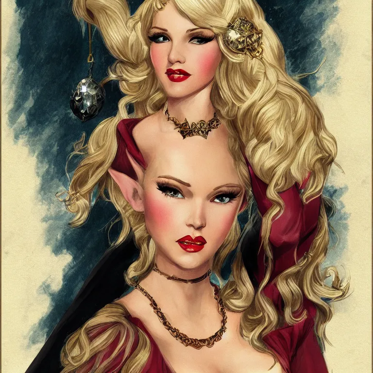 Image similar to a pin up character portrait of a beautiful noble elf princess with blonde hair and regal jewellry by bowater, charlie