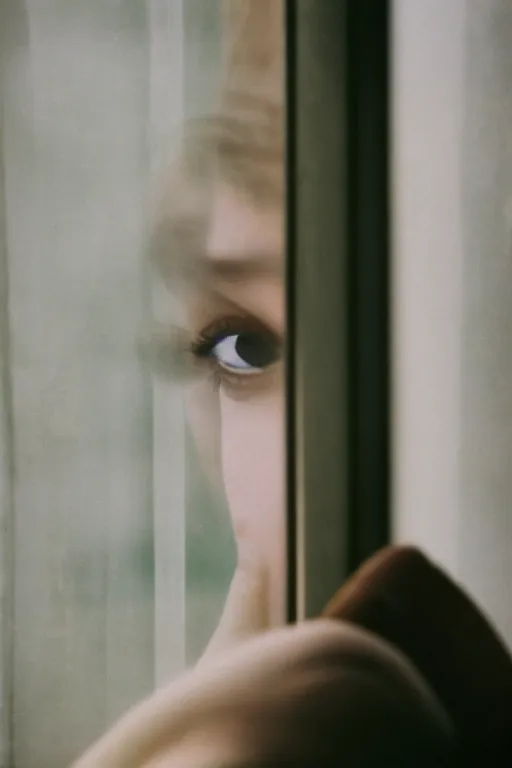 Prompt: kodak portra 4 0 0 photograph of a person looking out through their window, eyes, beautiful eyes, stunning eyes, close up, telephoto, faded effect, grain,