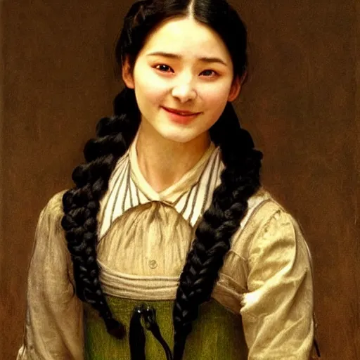 Prompt: a ((sadly)) (((smiling)))) black haired, young hungarian servantmaid from the 19th century who looks very similar to (((Lee Young Ae))) with a two french braids, detailed, soft focus, realistic oil painting by John Everett Millais, Csók István, Munkácsy, and da Vinci