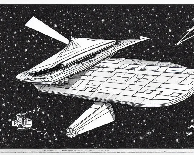 Prompt: schematics of a space ship, drawn by Walter Murnau, in the style of Moebius