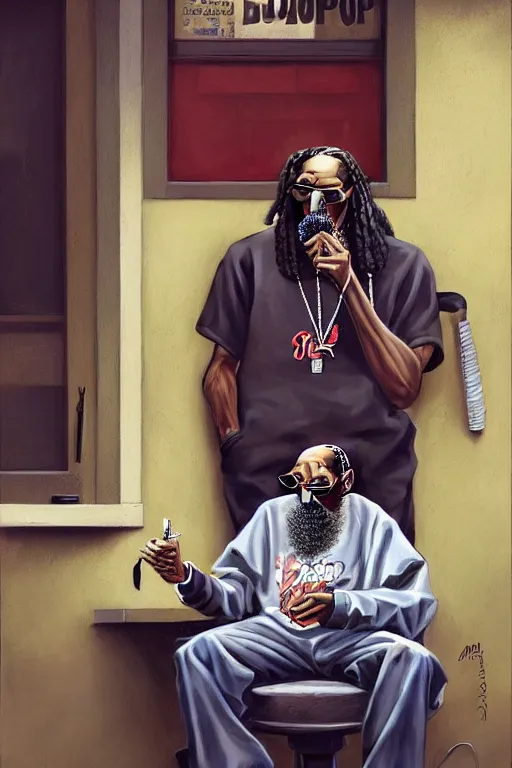 Image similar to an old man sitting in front of a barber shop, smoking a weed with snoop dogg!!, realism, intricate, elegant, highly detailed, digital painting, artstation, concept art, smooth, sharp focus, illustration, art by joongwon charles jeong and mike dargas