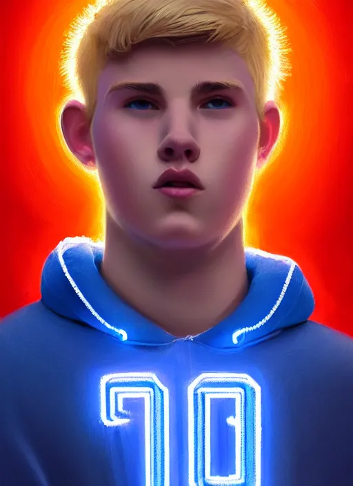 Image similar to portrait of high school senior boy named big moose, blonde short hair, jock, beefy, wide face, square jaw, square facial structure, blue varsity jacket with letter r, intricate, elegant, glowing lights, highly detailed, digital painting, artstation, concept art, sharp focus, illustration, art by wlop, mars ravelo and greg rutkowski