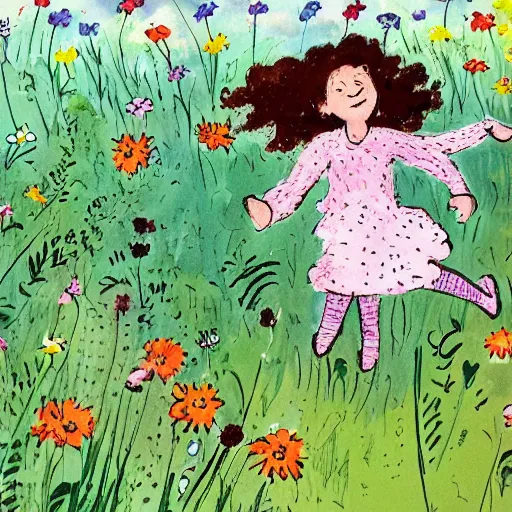 Prompt: a little girl with curly brown hair running through a field of flowers, children's book illustration by quentin blake