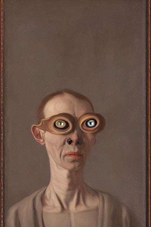 Image similar to a painting portrait of a mutant with six eyes, two noses and three mouths character art, painting by hammershøi