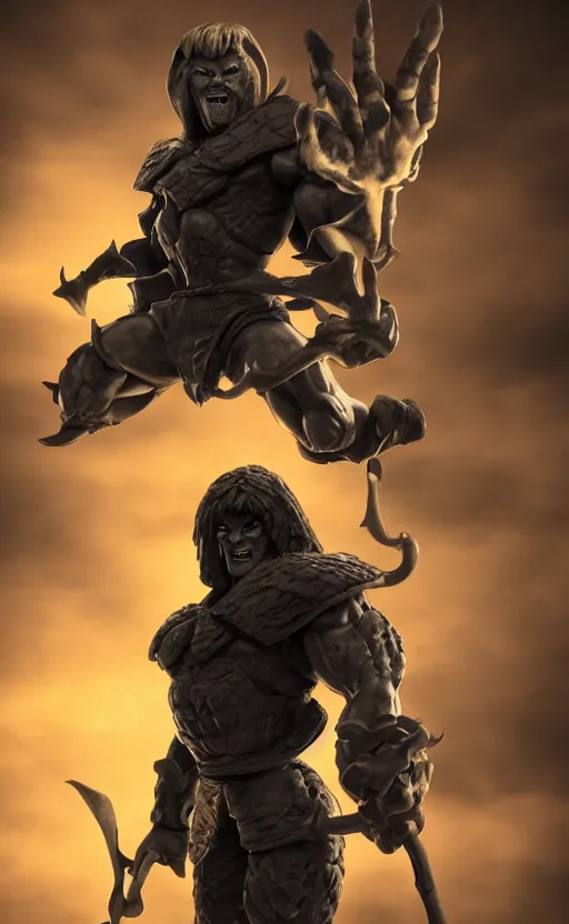 Prompt: Full body centered uncut character pose of mysterious-eerie-ominous He-Man with a dark manner, dark grey shadowy smokey background, golden hour, high detailed, atmospheric, cinematic, Epic, 4k, ultra-detailed, ultra-realistic, colored ZBrush render, artwork by Adam Paquette