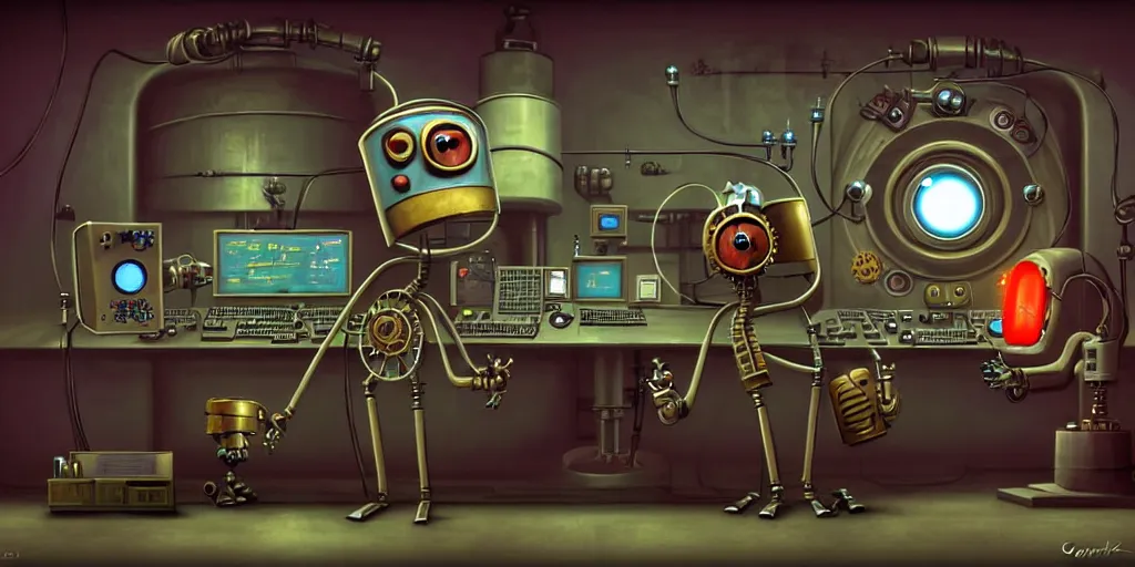 Prompt: steampunk robot happy Funny cartoonish with red eyes at a nuclear control room, by Gediminas Pranckevicius H 704