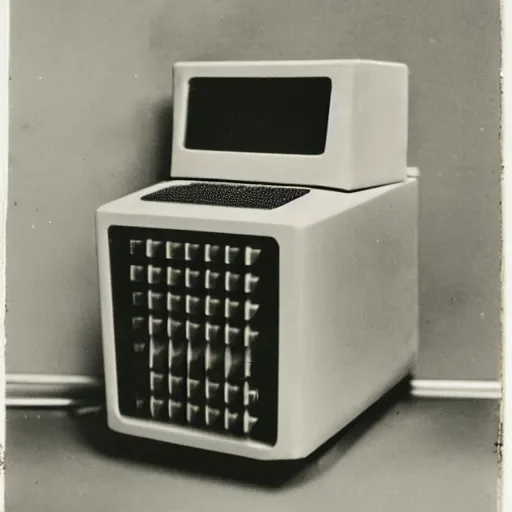 Image similar to Photograph of the first secret prototype computer. 1940s. Greyscale. Polaroid.