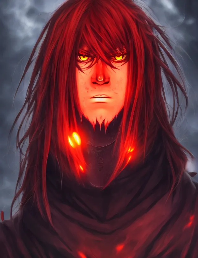 Prompt: a detailed manga portrait of a shadowy dark handsome boy with long crimson hair and glowing orange eyes and fangs, trending on artstation, digital art, 4 k resolution, detailed, high quality, sharp focus, hq artwork, coherent, insane detail, character portrait