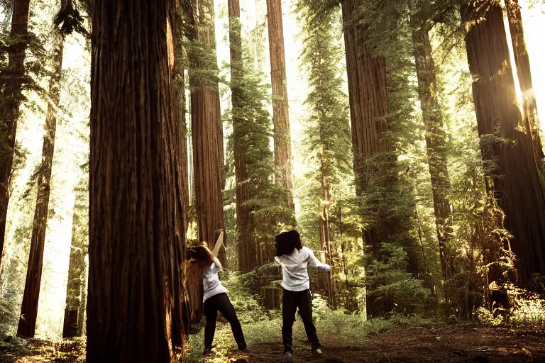 Image similar to cinematography closeup portrait of couple dancing in the redwood forest, thin flowing fabric, natural light by Emmanuel Lubezki