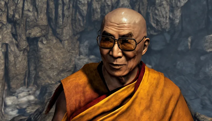 Prompt: skyrim character screenshot of the dalai lama, enb, 4 k, bokeh, beautiful, detailed