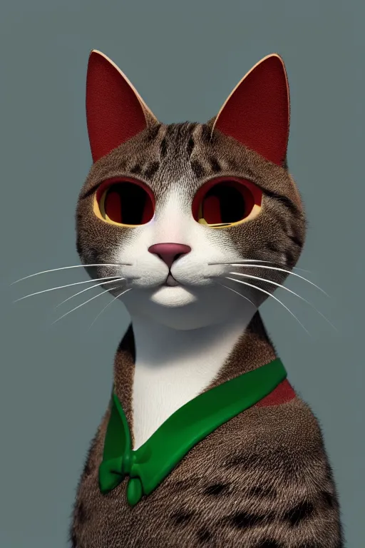 Prompt: a cat wearing a red and green formal overcoat, hyperrealistic, concept art, octane render, unreal engine 5, realistic and defined face, profile picture, digital art, pixar and disney, symmetrical, high quality, highly detailed, high coherence, path traced, house background, low contrast, beautiful