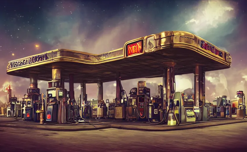 Prompt: steampunk gas station in space, 4 k, polished, photorealistic, hard edges, zoomed in, very coherent, sharp focus, rim light, exquisite lighting, hard edges, sci - fi, cinematic, game art, octane