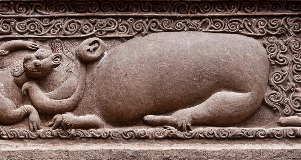 Prompt: Stone bas-relief of ornate royal capybara on wall of Sri Dalada Maligawa Temple of tooth relic, Temple of Buddha tooth, Kandy, Sri Lanka