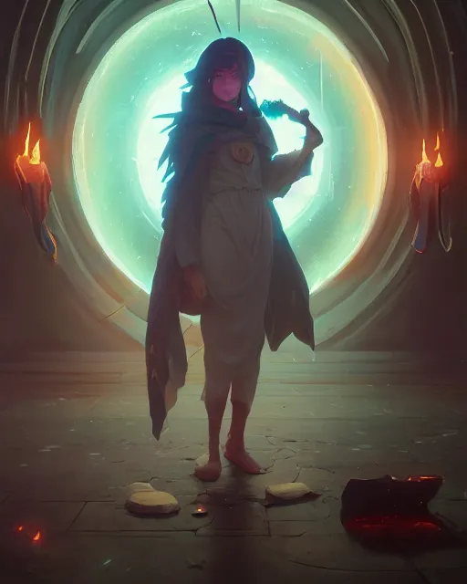 Image similar to highly detailed vfx portrait of a mage casting a time spell, unreal engine, greg rutkowski, loish, rhads, beeple, makoto shinkai and lois van baarle, ilya kuvshinov, rossdraws, tom bagshaw, alphonse mucha, global illumination, detailed and intricate environment