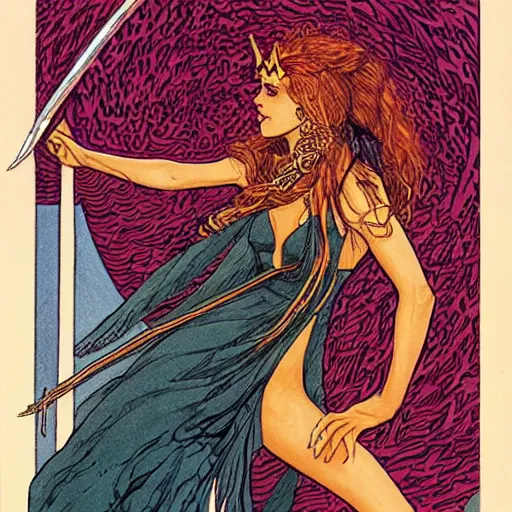 Prompt: half - length portrait of beautiful witch circe in the odyssey, art by moebius