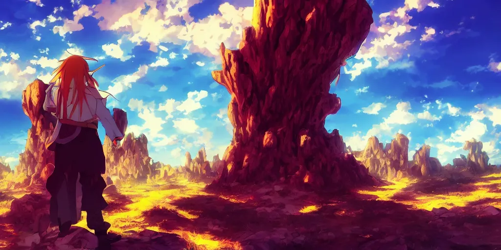 Image similar to isekai masterpiece anime man standing tree log looking up at giant crystals, high noon, cinematic, very warm colors, intense shadows, ominous clouds, anime illustration, anime screenshot composite background