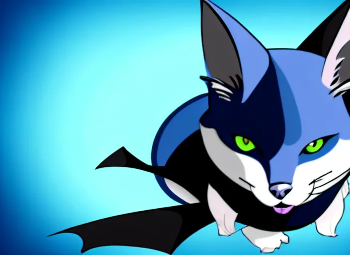 Image similar to a blue - and - black male catbat fursona with blue / green heterochromatic eyes ( differently - colored eyes, one eye green, one eye blue ) and huge bat ears, photo of the catbat streaming on his computer