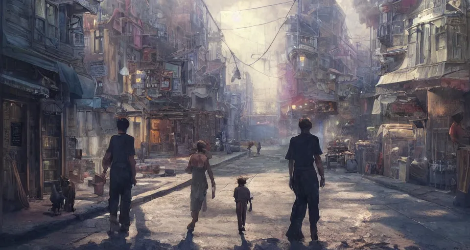 Prompt: craig mullins and ghibli digital art of american city, street, 1 9 2 0, sunset alley, the half - human, half - cat monster watches you, its body hidden in the shadow unreal engine, hyper realism, realistic shading, cinematic composition, realistic render, octane render, detailed textures, photorealistic, wide shot