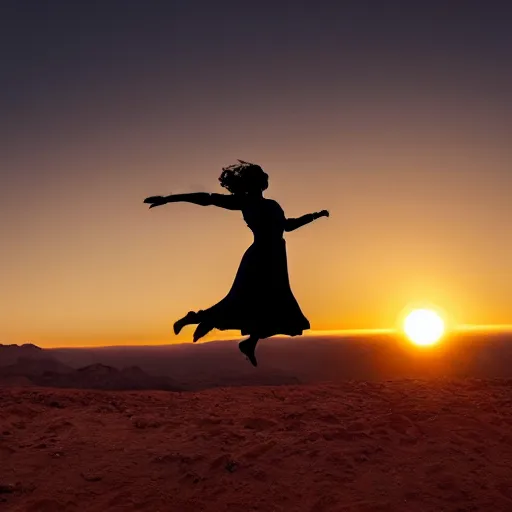 Image similar to cinematic still of silhouette of woman in Biblical clothing jumping for joy, beautiful middle eastern landscape with sunrise behind, Biblical epic movie directed by Steven Spielberg