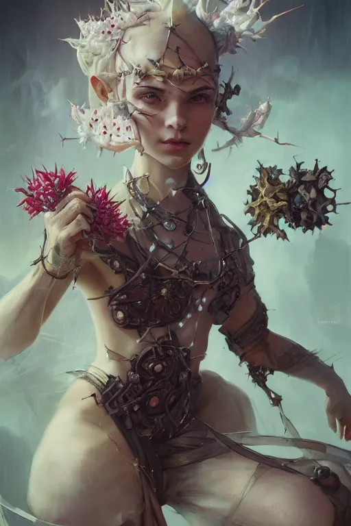 Prompt: portrait of cute gith maiden girl with crown of thorns and white hairs, warhammer, cyberpunk, 3 d render, hyper realistic detailed portrait, holding magic flowers, scifi, fantasy, hyper detailed, octane render, concept art, peter mohrbacher, artgerm, ruan jia, wlop