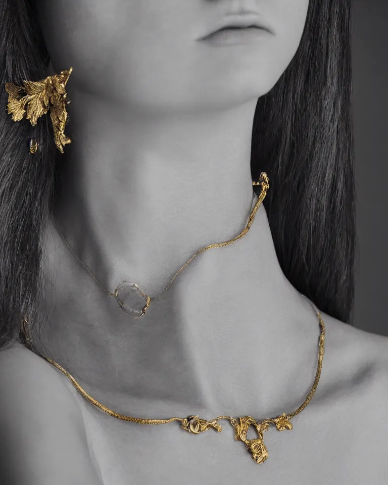 Prompt: super realistic portrait, skin detailed, of a beautiful model with a majestic necklace in the neck, detail photo, minimal design, made of gold, canon, film camera, photography, digital art, balenciaga