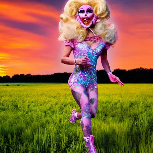 Image similar to the drag queen Trixie Mattel running through a field at sunset, fine art, 8k,