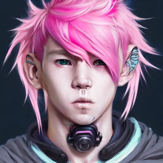 Image similar to character concept art of a cyberpunk boy with pink hair and pink wolf ears and freckles | | cute - fine - face, pretty face, key visual, realistic shaded perfect face, fine details by stanley artgerm lau, wlop, rossdraws, james jean, andrei riabovitchev, marc simonetti, and sakimichan, trending on artstation