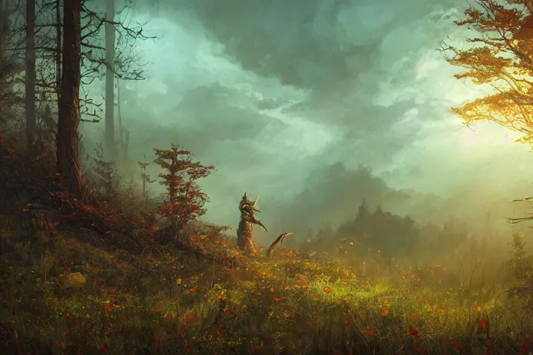 Prompt: sunset lighting ominous shadows, cinematic fantasy painting, dungeons and dragons, an ashigaru mouse looks over an autumn forest clearing of wildflowers glade jessica rossier and brian froud