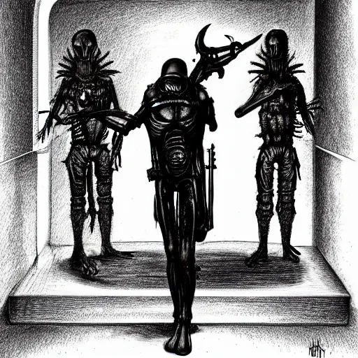 Image similar to full-body dark creepy gothic H.R. Giger realistic diagram drawing central composition a decapitated soldier with futuristic elements. he welcomes you with no head, dark dimension, empty helmet inside is occult mystical symbolism headless full-length view. standing on ancient altar eldritch energies disturbing frightening, hyper realism, 8k, sharpened depth of field, 3D