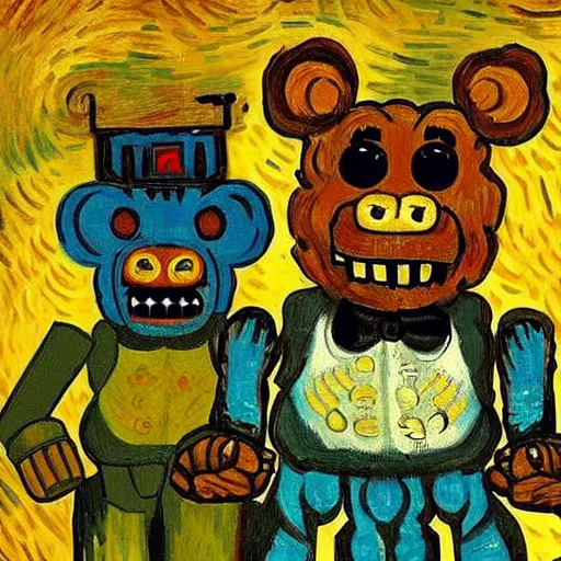 Prompt: five nights at freddy's painting by van gogh