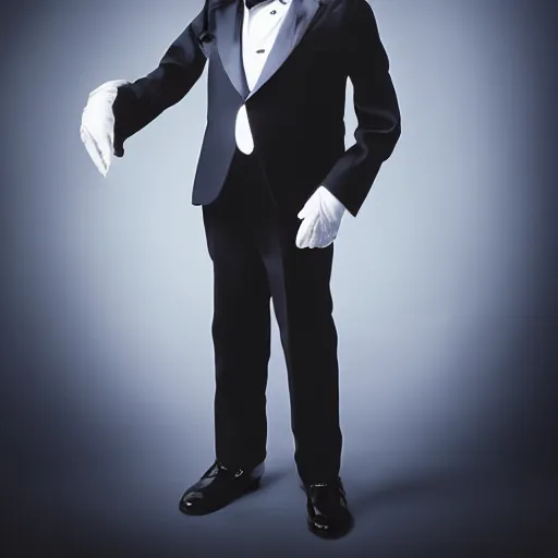 Image similar to highly detailed full body portrait of a space demon in a tuxedo, by gottfried helnwein, by richard estes, studio lighting, sigma 8 5 mm f / 1. 4