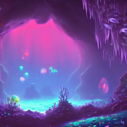 Prompt: deep sea cave, fantasy, neon mushrooms, illuminated by mushrooms, scenic underground environment, anime underwater landscape, cave, 8k, digital art, trending on art station