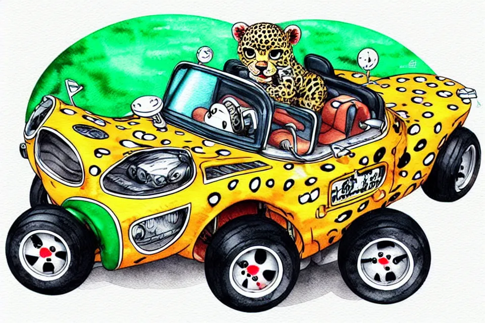 Image similar to cute and funny, baby leopard riding in a tiny go kart with oversized engine, ratfink style by ed roth, centered award winning watercolor pen illustration, isometric illustration by chihiro iwasaki, edited by range murata, tiny details by artgerm and watercolor girl, symmetrically isometrically centered