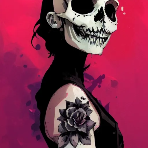 Prompt: a portrait of a girl skull face, wallpaper, in the style of artgerm, charlie bowater, atey ghailan and mike mignola, vibrant colors and hard shadows and strong rim light, plain background, comic cover art, trending on artstation