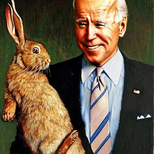 Image similar to joe biden being led around by a large rabbit, artist norman rockwell,